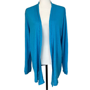 Chico’s Women’s 100% Linen Teal Turquoise Open Drape Front Cardigan XL Beachy